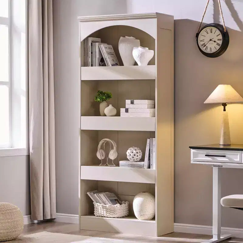 76 Arched Bookcase with Magnetic-Lock Bottom Drawer, Modern 4-Tier Wooden BookShelf with 3 Hidden Drawers for Home Office, Living Room
