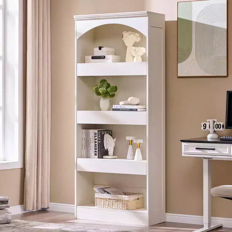 76 Arched Bookcase with Magnetic-Lock Bottom Drawer, Modern 4-Tier Wooden BookShelf with 3 Hidden Drawers for Home Office, Living Room