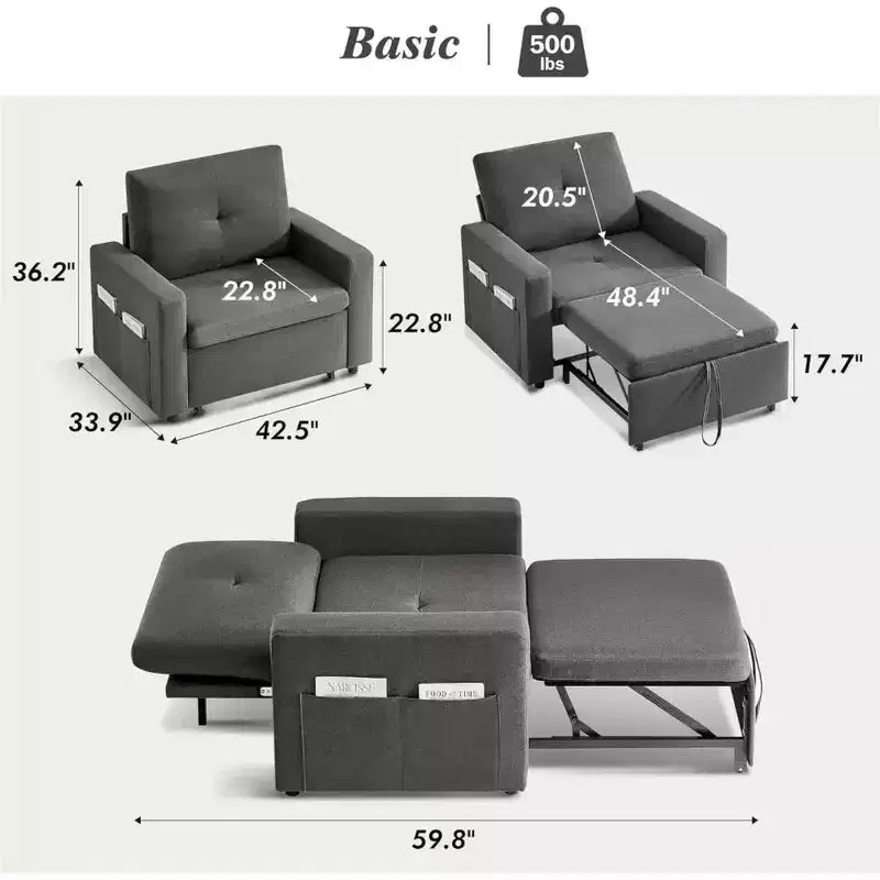 42.5" Extra-Wide 3-in-1 Convertible Sleeper Chair Bed with 5-Level Reclining Backrest & Side Pockets