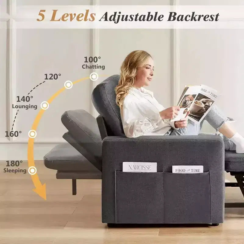 42.5" Extra-Wide 3-in-1 Convertible Sleeper Chair Bed with 5-Level Reclining Backrest & Side Pockets