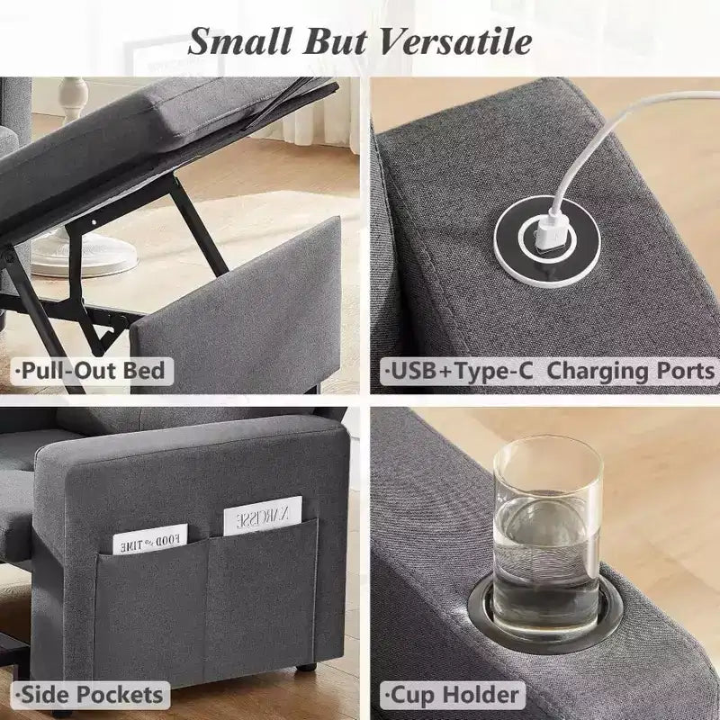42.5" Extra-Wide 3-in-1 Convertible Sleeper Chair Bed with 5-Level Reclining Backrest & Side Pockets