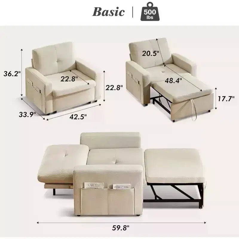 42.5" Extra-Wide 3-in-1 Convertible Sleeper Chair Bed with 5-Level Reclining Backrest & Side Pockets