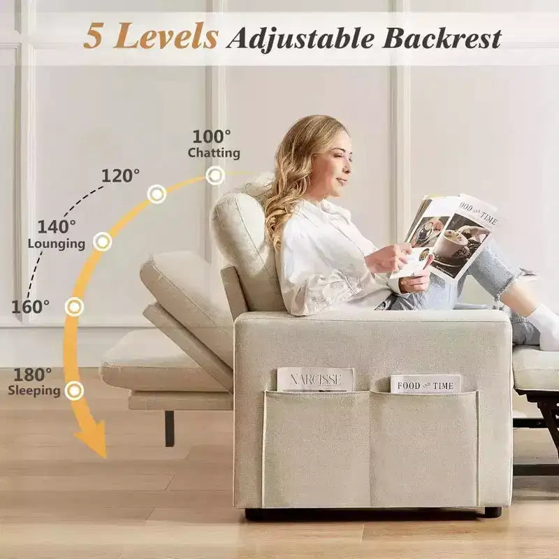 42.5" Extra-Wide 3-in-1 Convertible Sleeper Chair Bed with 5-Level Reclining Backrest & Side Pockets