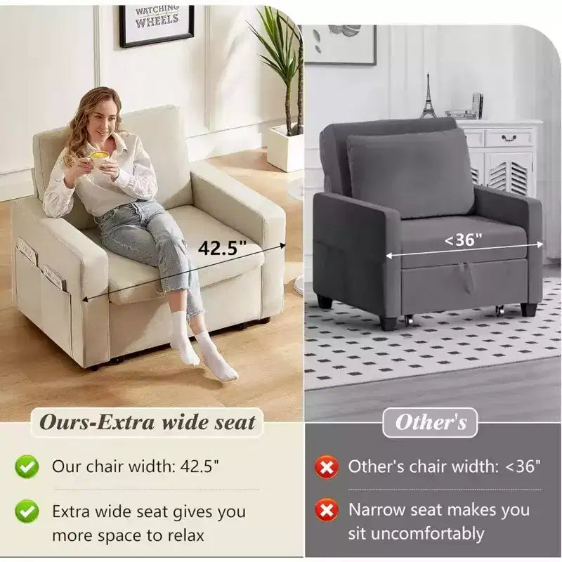 42.5" Extra-Wide 3-in-1 Convertible Sleeper Chair Bed with 5-Level Reclining Backrest & Side Pockets