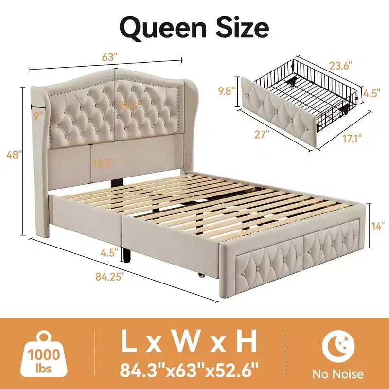 Queen Velvet Upholstered Platform Bed with 52.6" Wingback Headboard & 2 Storage Drawers
