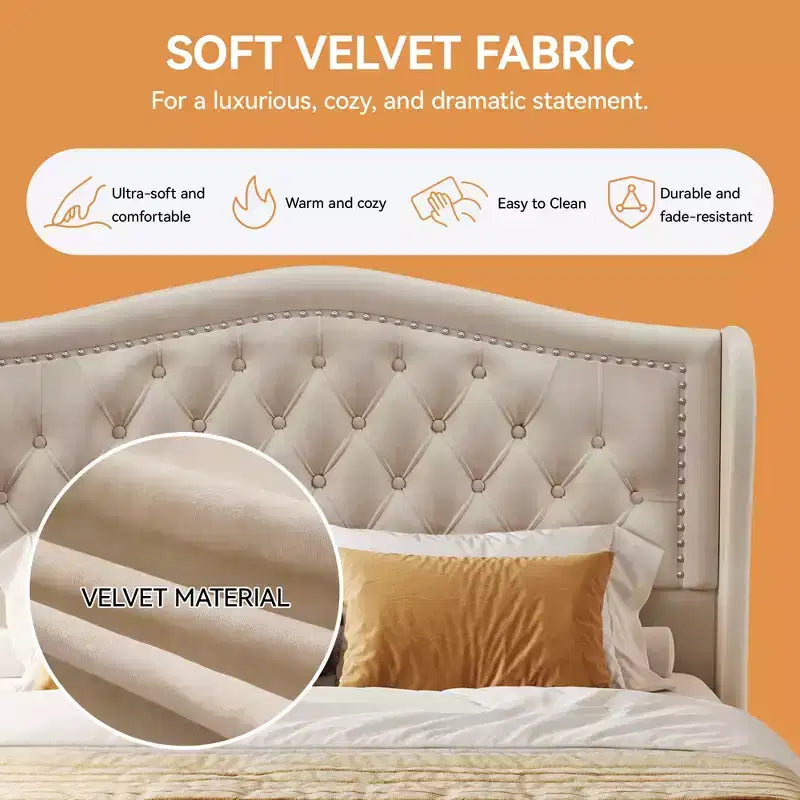Queen Velvet Upholstered Platform Bed with 52.6" Wingback Headboard & 2 Storage Drawers