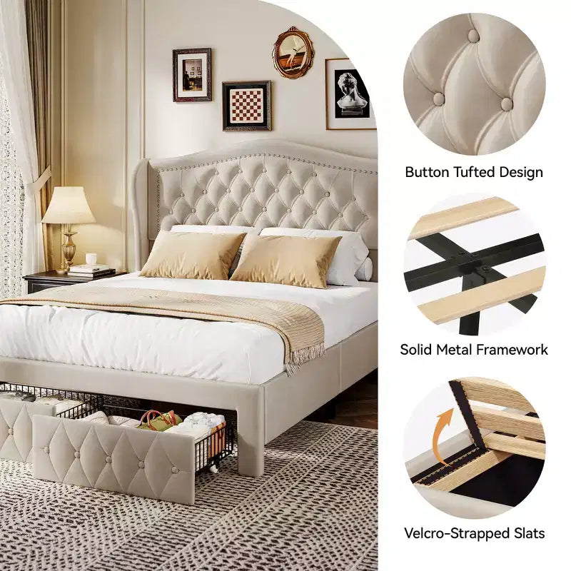 Queen Velvet Upholstered Platform Bed with 52.6" Wingback Headboard & 2 Storage Drawers