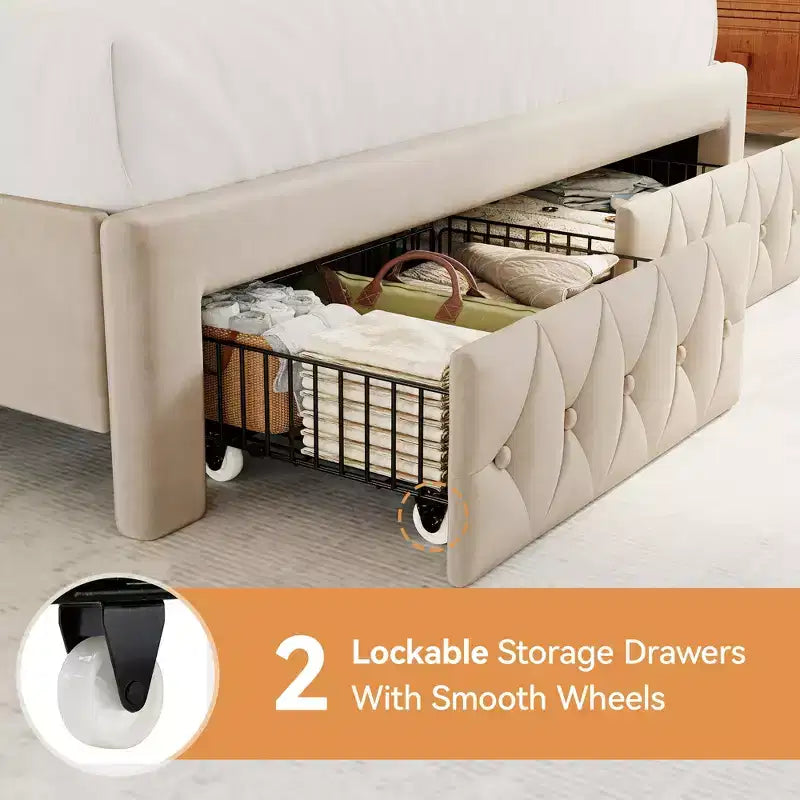 Queen Velvet Upholstered Platform Bed with 52.6" Wingback Headboard & 2 Storage Drawers