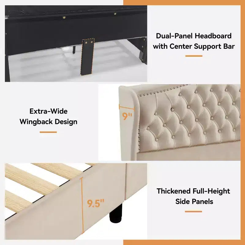 Queen Velvet Upholstered Platform Bed with 52.6" Wingback Headboard & 2 Storage Drawers