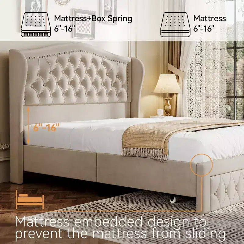 Queen Velvet Upholstered Platform Bed with 52.6" Wingback Headboard & 2 Storage Drawers