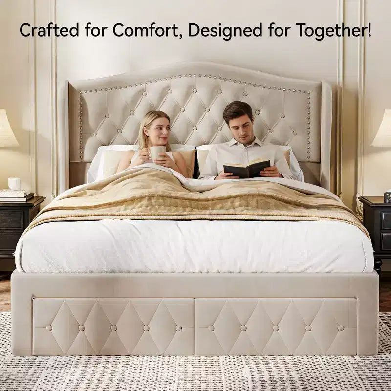 Queen Velvet Upholstered Platform Bed with 52.6" Wingback Headboard & 2 Storage Drawers