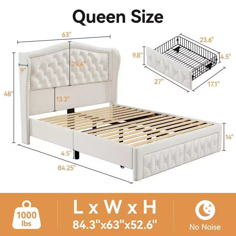 Queen Velvet Upholstered Platform Bed with 52.6" Wingback Headboard & 2 Storage Drawers