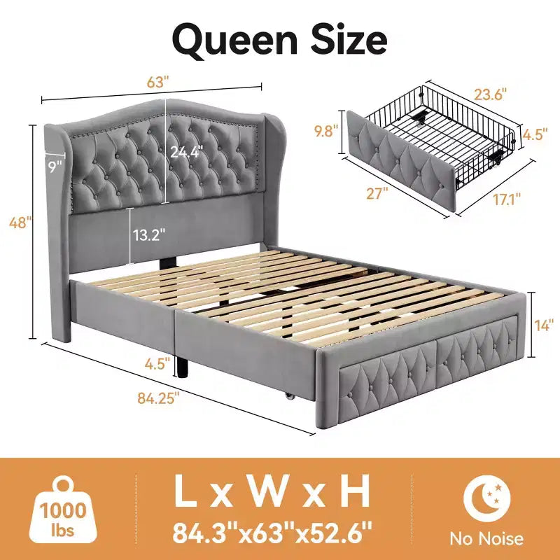 Queen Velvet Upholstered Platform Bed with 52.6" Wingback Headboard & 2 Storage Drawers