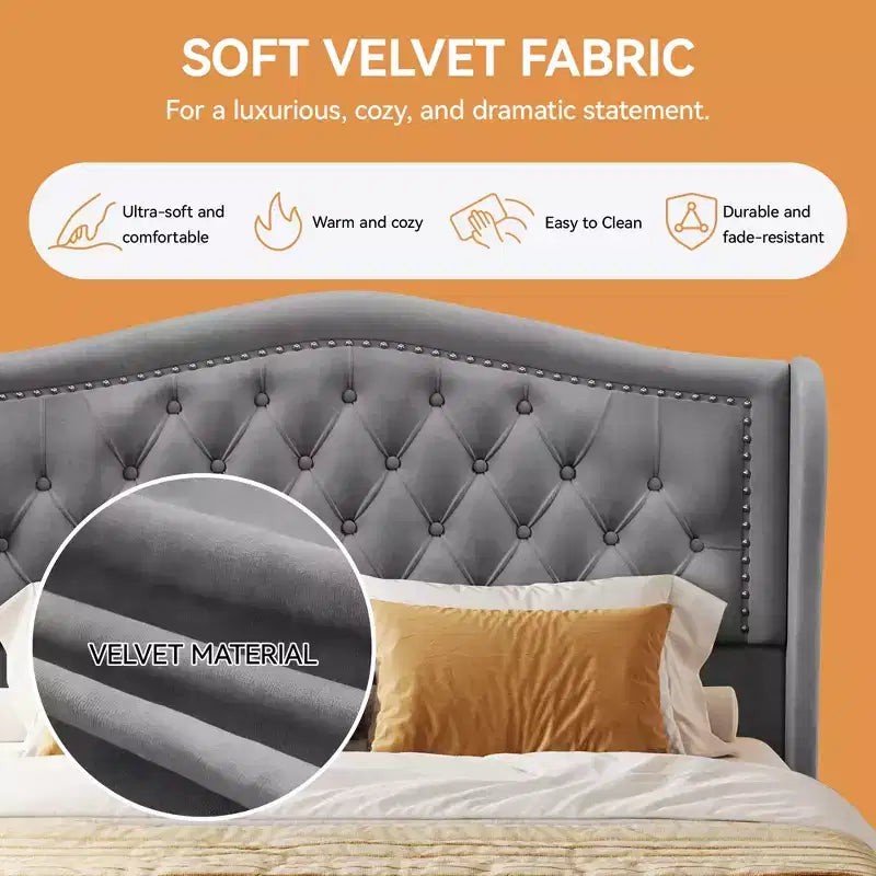 Queen Velvet Upholstered Platform Bed with 52.6" Wingback Headboard & 2 Storage Drawers