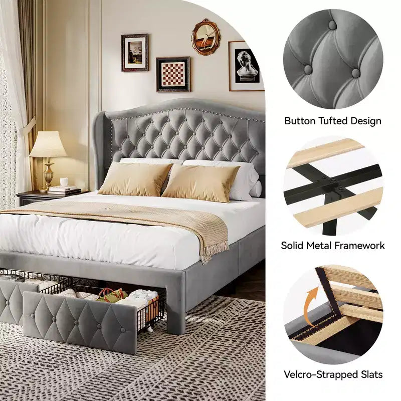 Queen Velvet Upholstered Platform Bed with 52.6" Wingback Headboard & 2 Storage Drawers