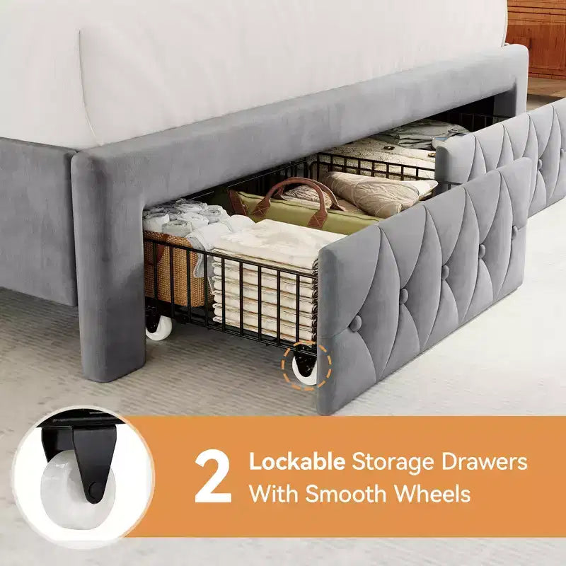 Queen Velvet Upholstered Platform Bed with 52.6" Wingback Headboard & 2 Storage Drawers