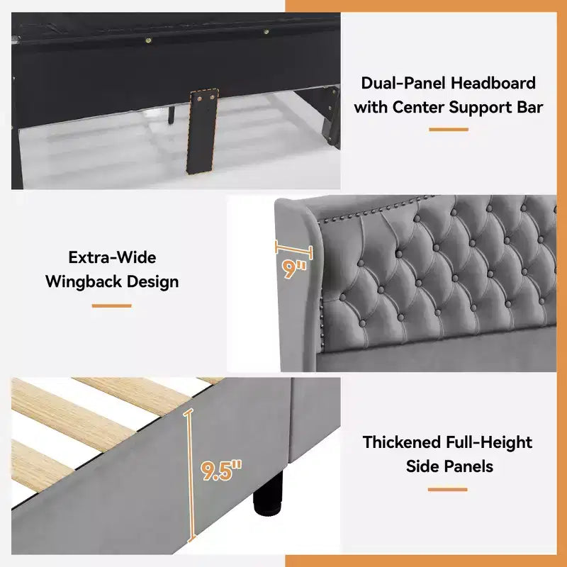 Queen Velvet Upholstered Platform Bed with 52.6" Wingback Headboard & 2 Storage Drawers