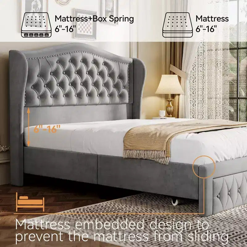 Queen Velvet Upholstered Platform Bed with 52.6" Wingback Headboard & 2 Storage Drawers