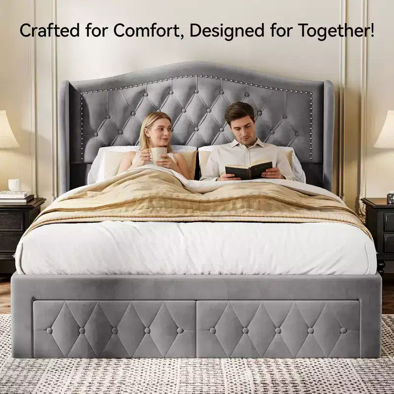 Queen Velvet Upholstered Platform Bed with 52.6" Wingback Headboard & 2 Storage Drawers