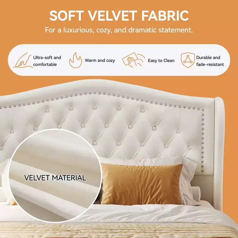 Queen Velvet Upholstered Platform Bed with 52.6" Wingback Headboard & 2 Storage Drawers