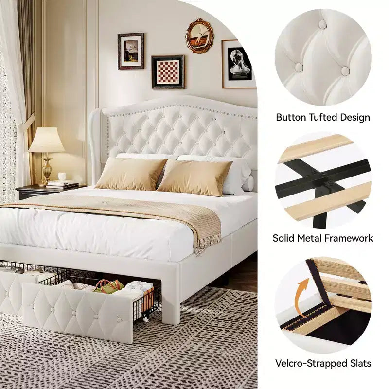 Queen Velvet Upholstered Platform Bed with 52.6" Wingback Headboard & 2 Storage Drawers