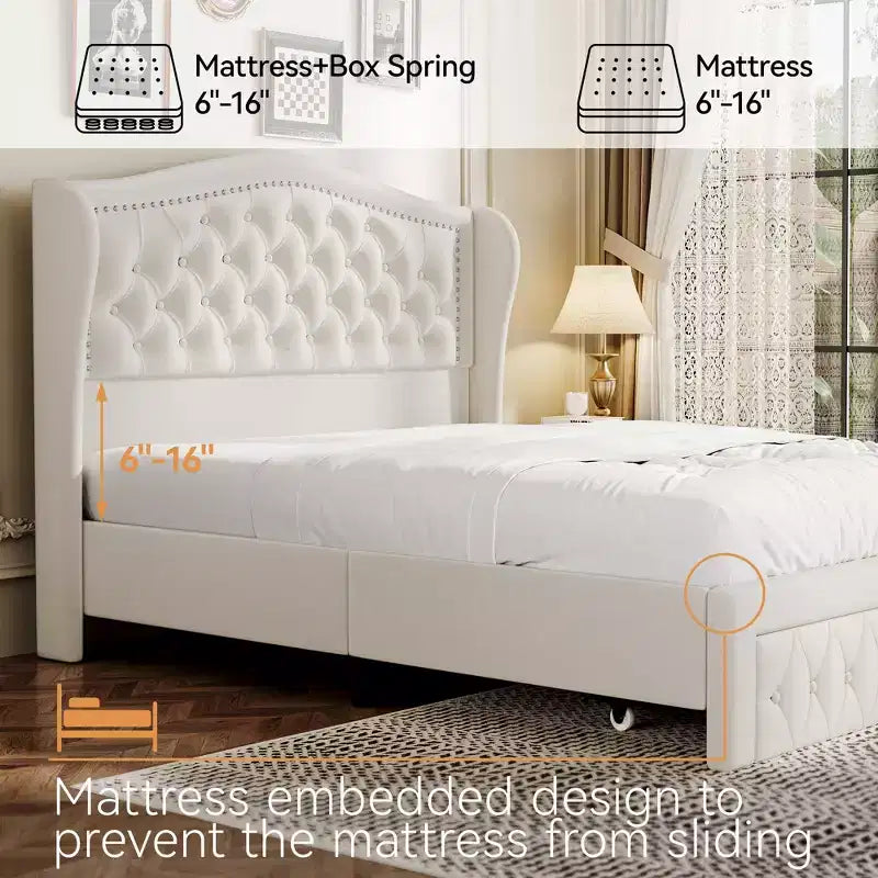 Queen Velvet Upholstered Platform Bed with 52.6" Wingback Headboard & 2 Storage Drawers
