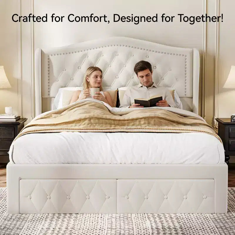 Queen Velvet Upholstered Platform Bed with 52.6" Wingback Headboard & 2 Storage Drawers