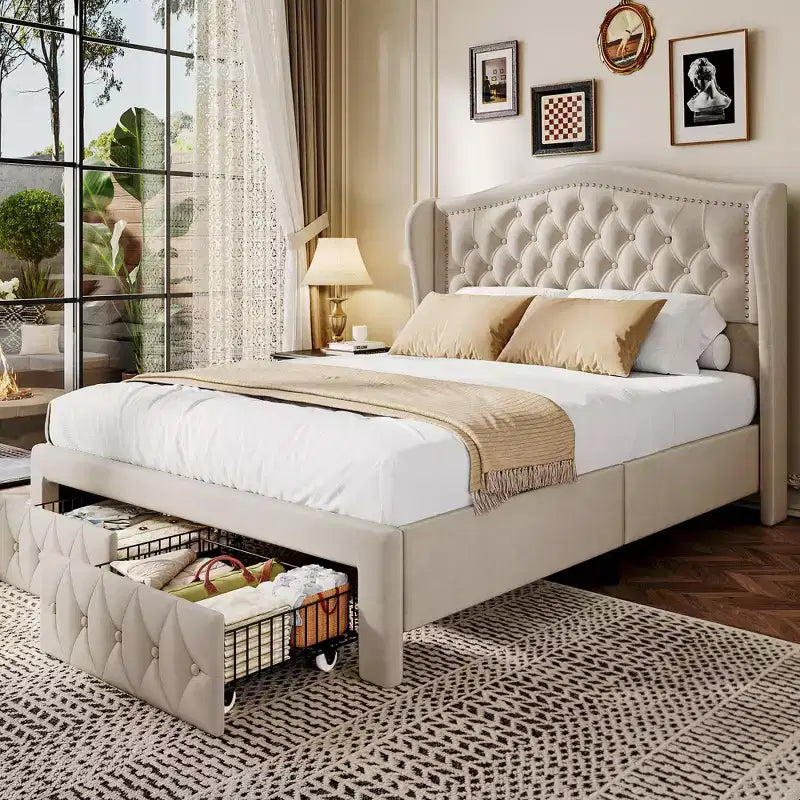 Queen Velvet Upholstered Platform Bed with 52.6" Wingback Headboard & 2 Storage Drawers