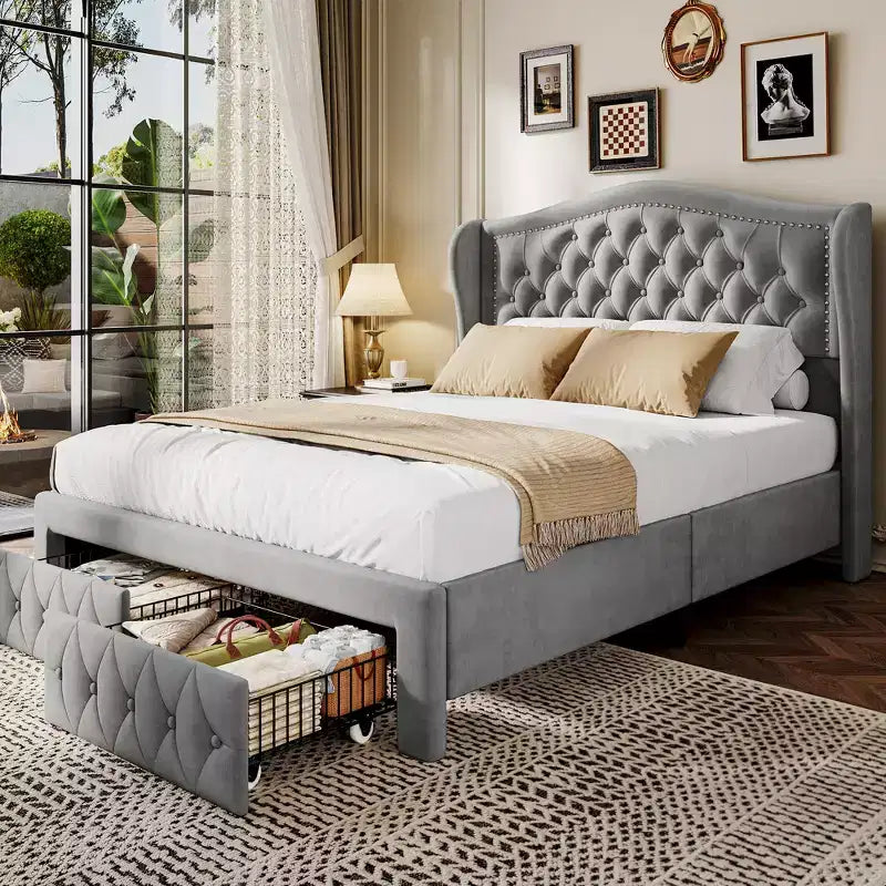 Queen Velvet Upholstered Platform Bed with 52.6" Wingback Headboard & 2 Storage Drawers
