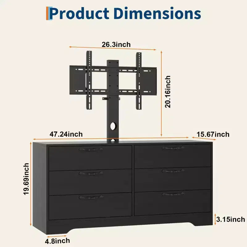 TV Stand with Mount for 32-75 Inch TVs, 6-Drawer Wood Entertainment Center, Adjustable Media Console Storage for Living Room Bedroom