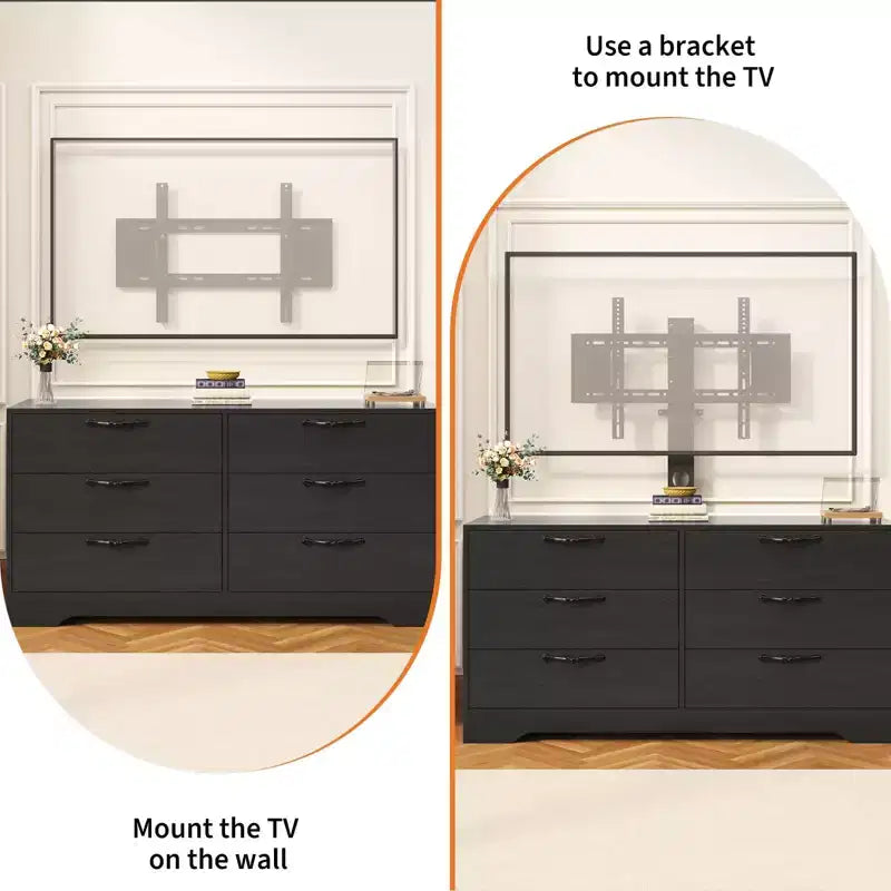 TV Stand with Mount for 32-75 Inch TVs, 6-Drawer Wood Entertainment Center, Adjustable Media Console Storage for Living Room Bedroom