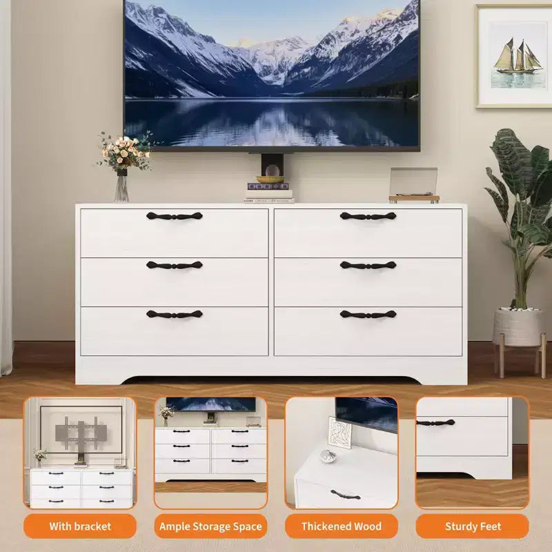 TV Stand with Mount for 32-75 Inch TVs, 6-Drawer Wood Entertainment Center, Adjustable Media Console Storage for Living Room Bedroom