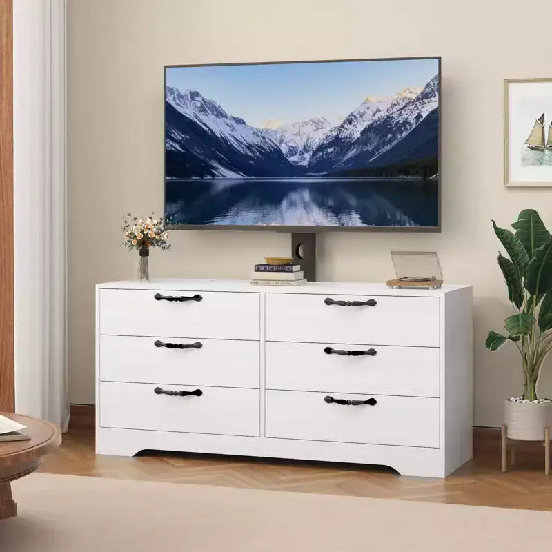 TV Stand with Mount for 32-75 Inch TVs, 6-Drawer Wood Entertainment Center, Adjustable Media Console Storage for Living Room Bedroom