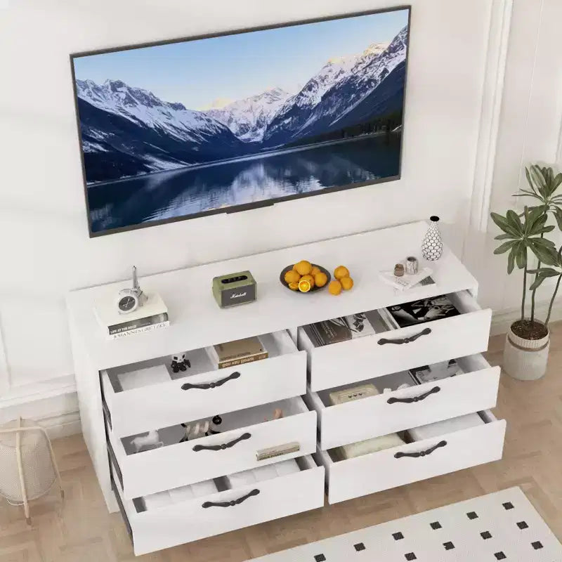 TV Stand with Mount for 32-75 Inch TVs, 6-Drawer Wood Entertainment Center, Adjustable Media Console Storage for Living Room Bedroom