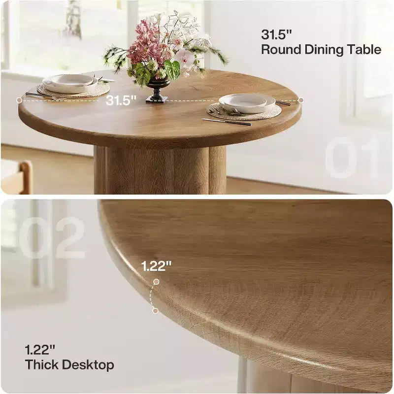 31.5" Round Dining Table for 2–4 People — Small Kitchen Table with Sturdy Base, Brown