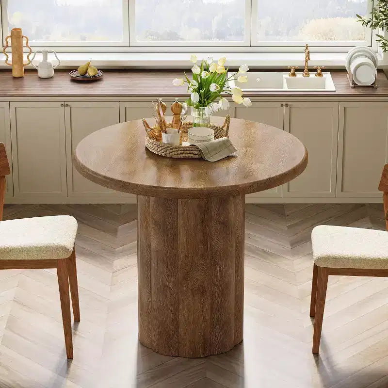 31.5" Round Dining Table for 2–4 People — Small Kitchen Table with Sturdy Base, Brown