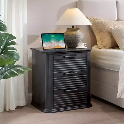 22 Wide Fluted Nightstand with Charging Station, Modern End Table for Living Room, Bedroom, Home Office, Wood 3 Drawer Dresser, Large Bedside.