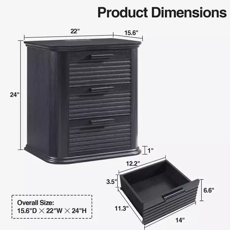 22" Wide Fluted Nightstand with Charging Station & 3 Drawers — Modern End Table