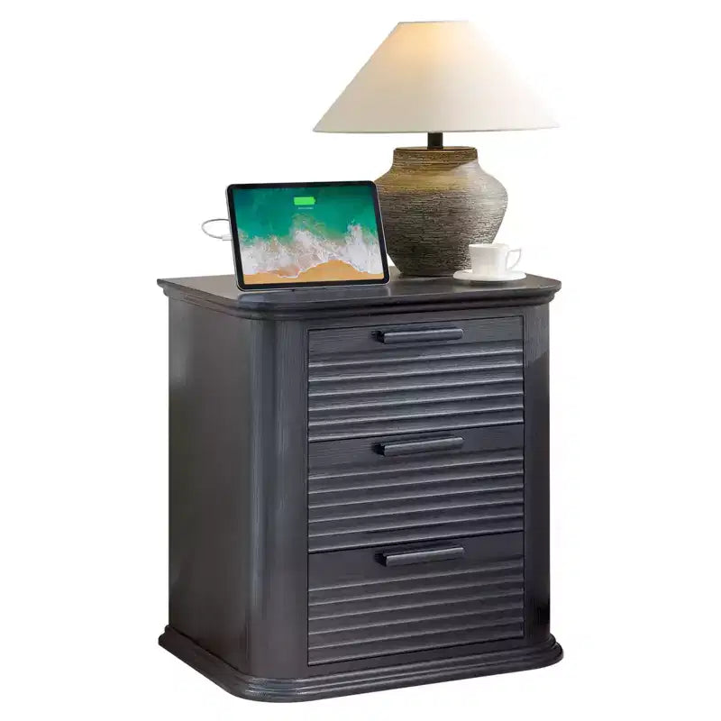 22" Wide Fluted Nightstand with Charging Station & 3 Drawers — Modern End Table