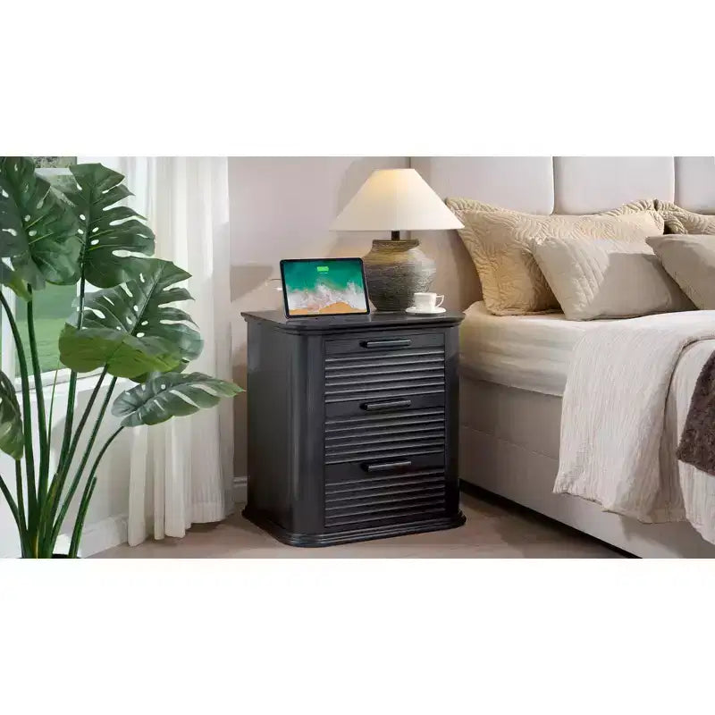 22" Wide Fluted Nightstand with Charging Station & 3 Drawers — Modern End Table