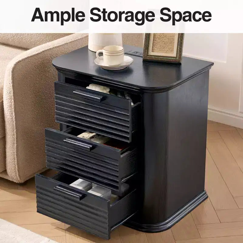 22" Wide Fluted Nightstand with Charging Station & 3 Drawers — Modern End Table