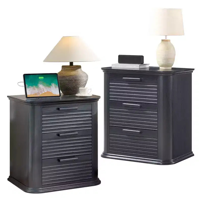 22" Wide Fluted Nightstand with Charging Station & 3 Drawers — Modern End Table