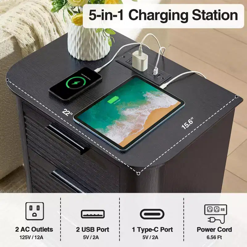22" Wide Fluted Nightstand with Charging Station & 3 Drawers — Modern End Table