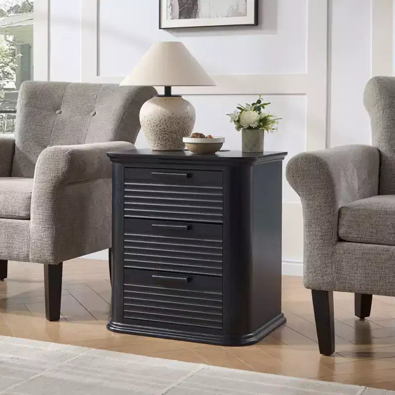 22" Wide Fluted Nightstand with Charging Station & 3 Drawers — Modern End Table
