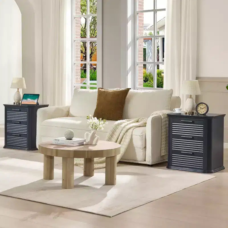 22" Wide Fluted Nightstand with Charging Station & 3 Drawers — Modern End Table