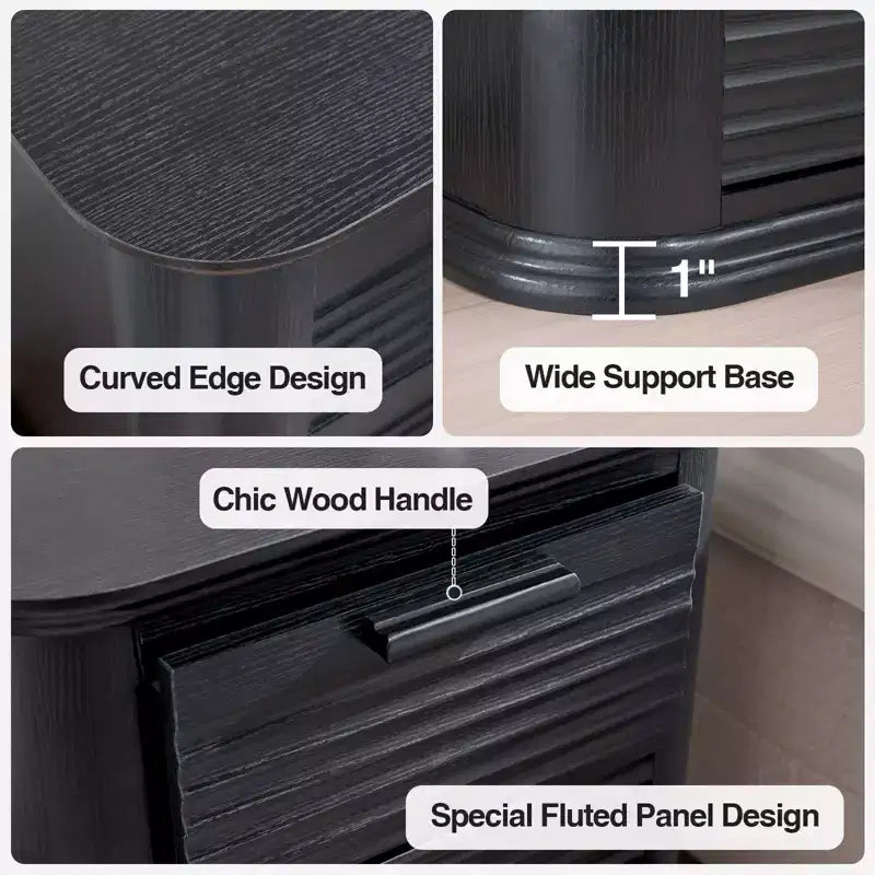 22" Wide Fluted Nightstand with Charging Station & 3 Drawers — Modern End Table