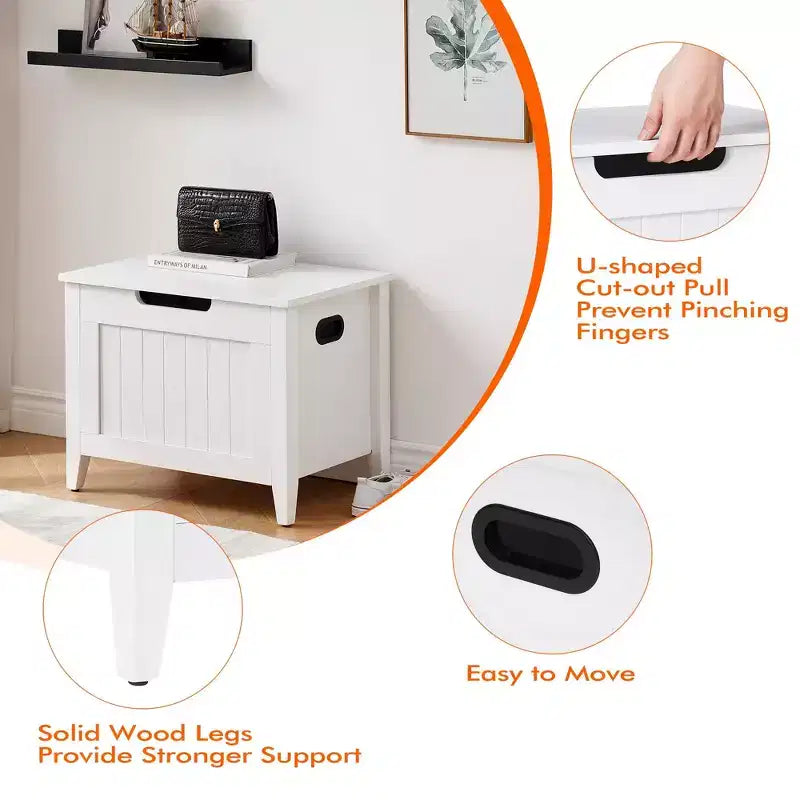 Large Wooden Storage Bench  Top Lid, Thick Padded Seat, 2 Safety Hinges, 260 lb Capacity, for Entryway, Bedroom, Living Room, 23.6, White