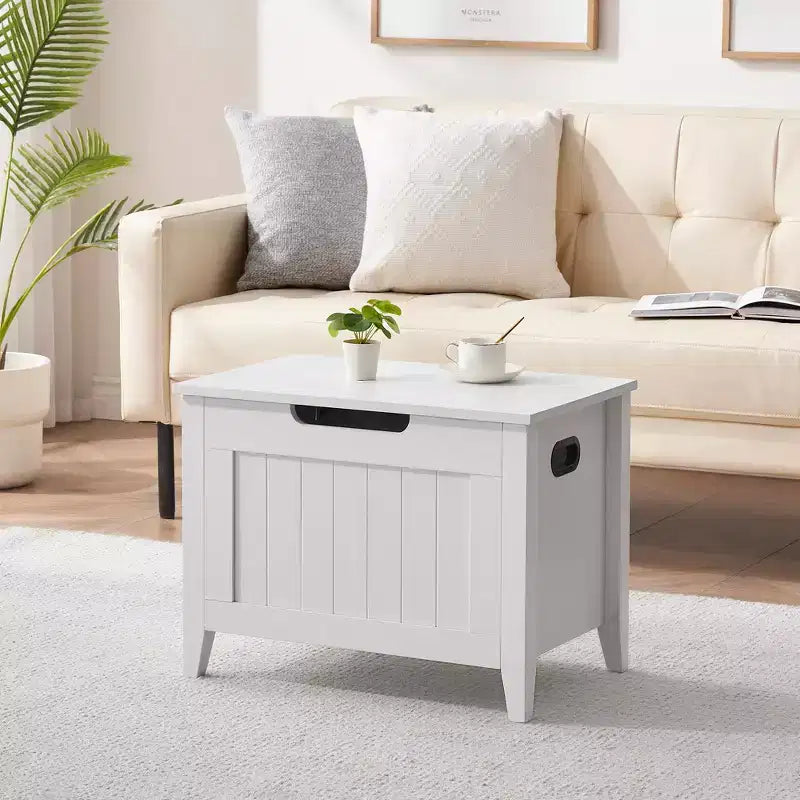 Large Wooden Storage Bench  Top Lid, Thick Padded Seat, 2 Safety Hinges, 260 lb Capacity, for Entryway, Bedroom, Living Room, 23.6, White