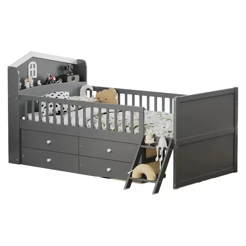 Twin Bed Frame with 4 Storage Drawers, Guardrail, Headboard & Ladder — Gray