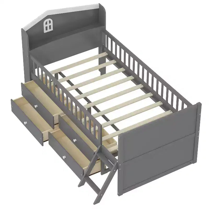 Twin Bed Frame with 4 Storage Drawers, Guardrail, Headboard & Ladder — Gray